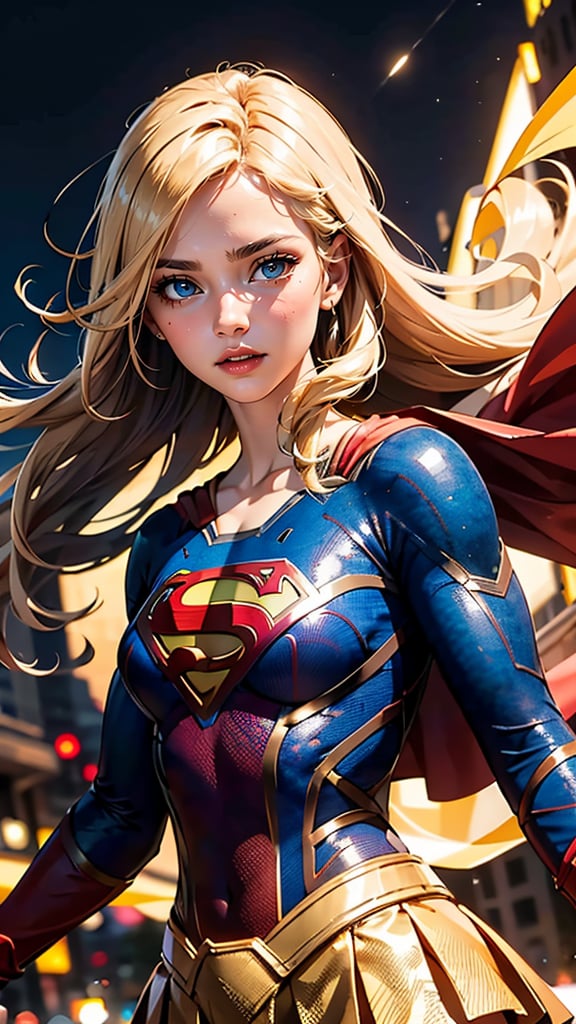 (best quality, masterpiece, colorful, dynamic angle, highest detailed)(Supergirl), upper body photo, fashion photography of cute blonde long hair girl (Supergirl), dressing high detailed Supergirl suit (high resolution textures), in dynamic pose, bokeh, (intricate details, hyperdetailed:1.15), detailed, moonlight passing through hair, perfect night, (fantasy background), (official art, extreme detailed, highest detailed), HDR+