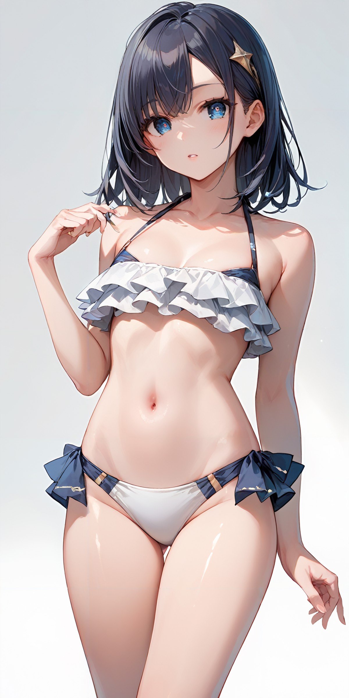 score_9, score_8_up, score_7_up,source_anime, high res image,masterpiece,best quality,girl,cute face,clear skin,shiny hair,ultra detailed eyes,simple background,  <lora:test_Pony_V2.0:1> bikini,frills