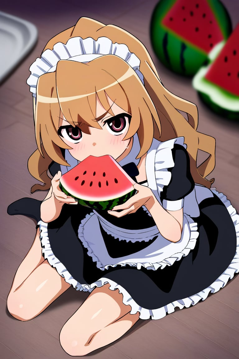 score_9, score_8_up, score_7_up, rating_safe BREAK1girl, :t, tsundere, (scorn:0.6), aisaka taiga, looking at viewer, brown hair, brown eyes, black dress, maid dress, flat chest, sitting, on floor, eating, watermelon, from above, kitchen