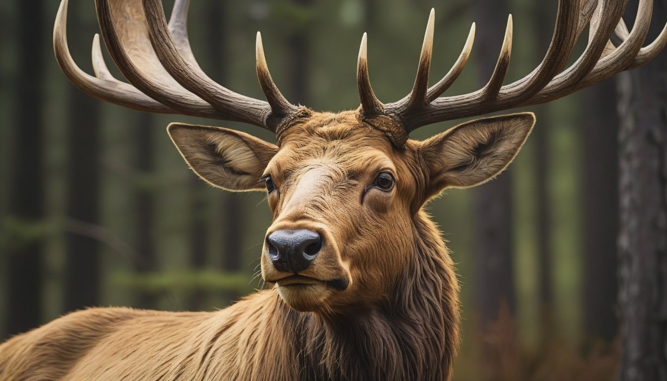 RAW photo, VRay, hyper detailed, Dutch angle shot of a Magnificent hybrid Elk, Ultra Detailed, Direct light, Orton effect, Kodak gold 200, Selective focus, by Ossip Zadkine, Paul Strand, extremely content happy smile 