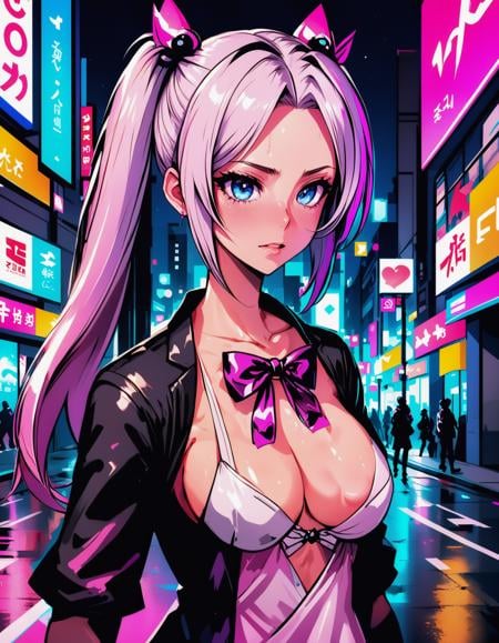 a failed vtuber working the streets, night district, hyperrealistic