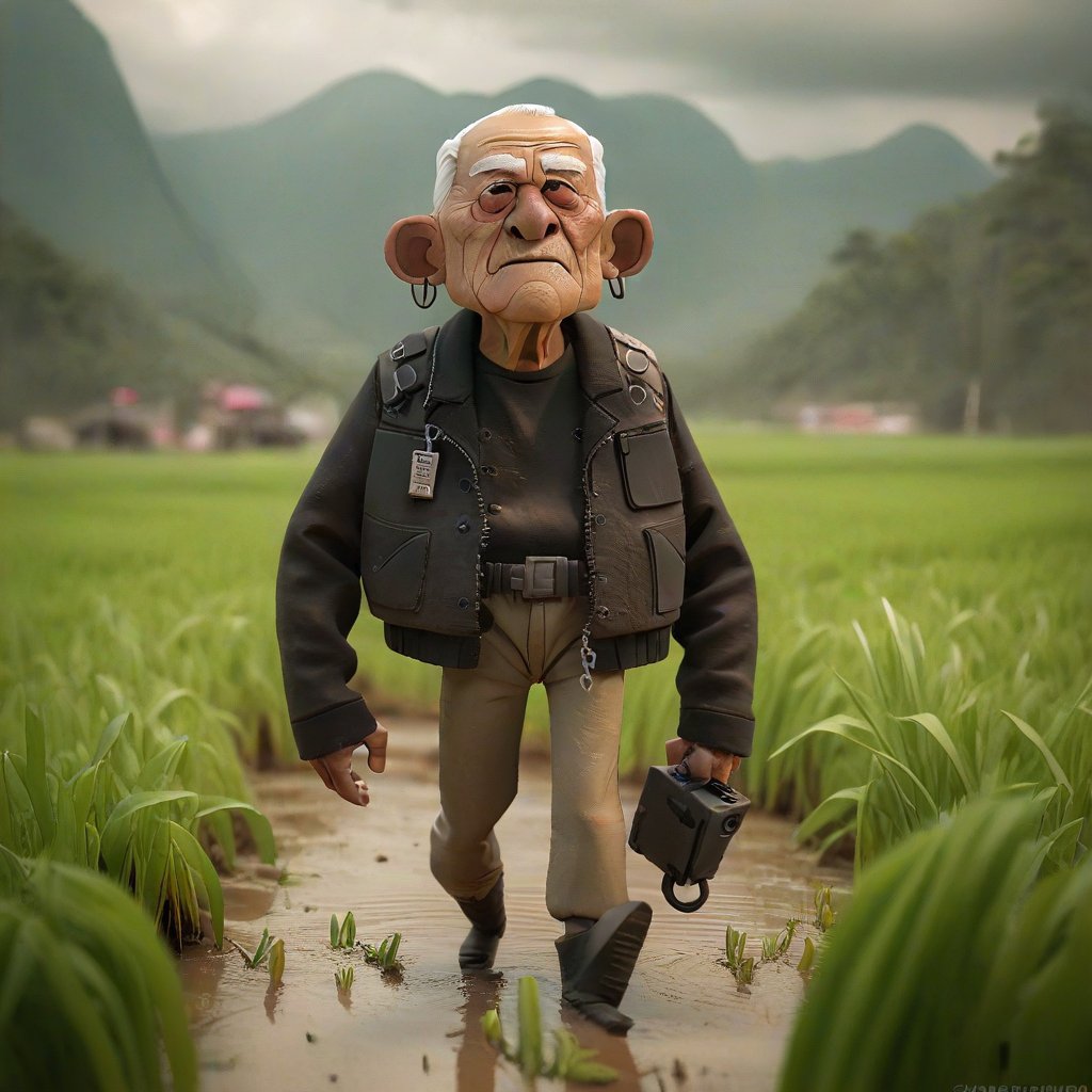 a Mexican elder man cyberpunk, standing in Rice Paddy, macro, micro, depth of field, cinematic,  color grading <lora:RealisticCartoon_0.2:1> 