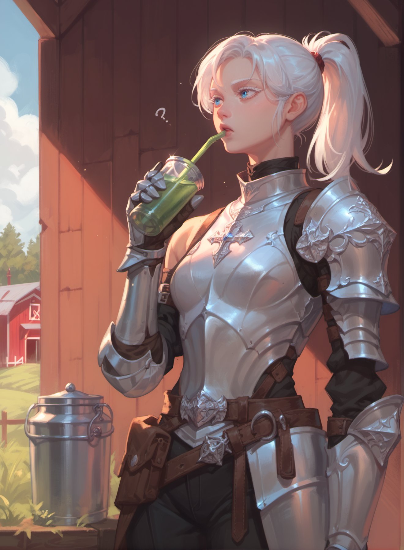 score_9, score_8_up, score_7_up, 1girl, armor, solo, gauntlets, shirt, belt, knight, ponytail, blue eyes, white hair, white eyelashes, sigh, drinking, canteen, barn