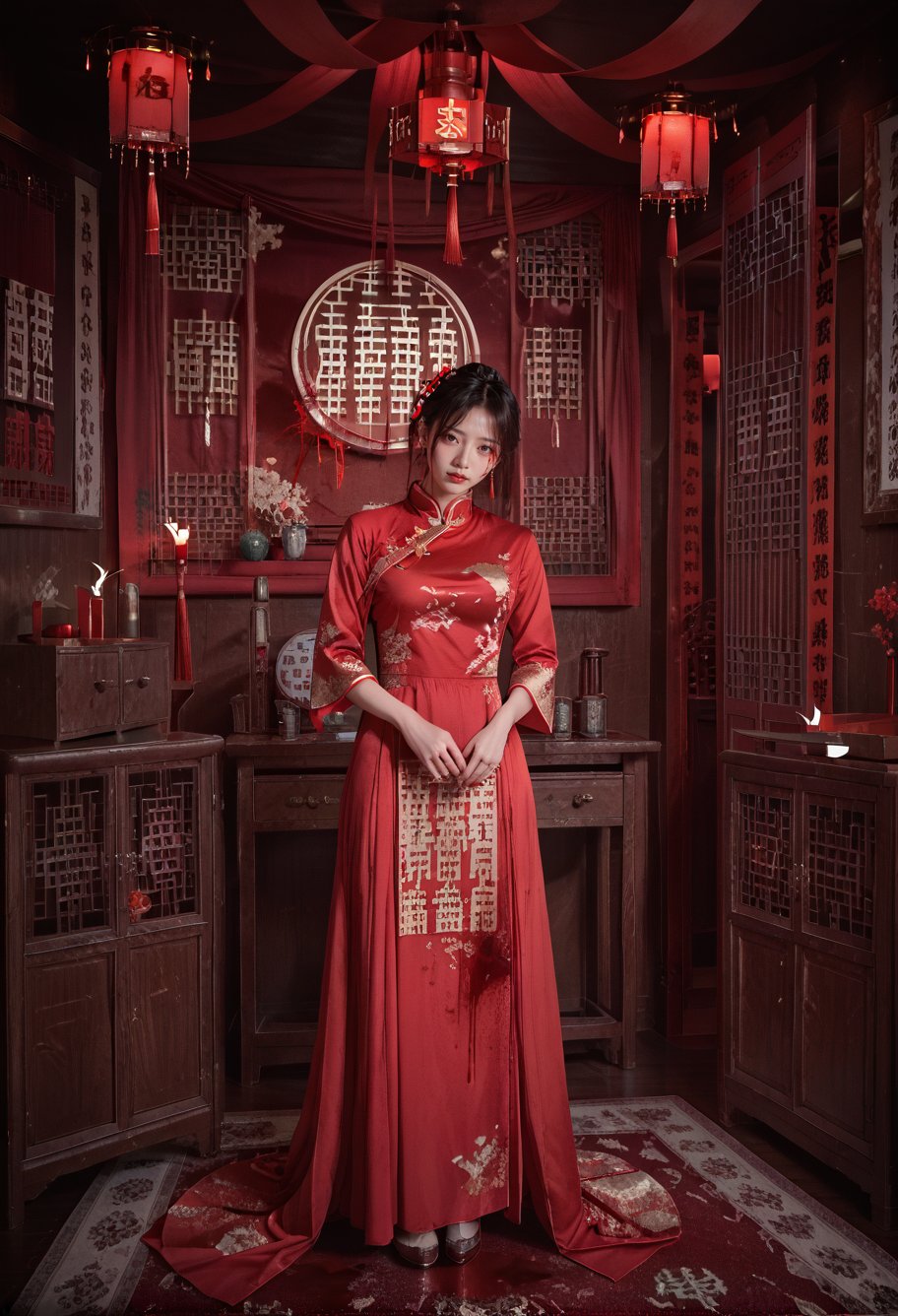 score_9,score_8_up,score_7_up,8k,1girl,solo,,ruanyi0711,chinese clothes,red dress,long dress,long sleeves,,ruanyi0706,blood splatter,blood,indoors,<lora:0711 Chinese wedding dress_v1_pony:0.6>,<lora:0706 Chinese horror_v1_pony:1>