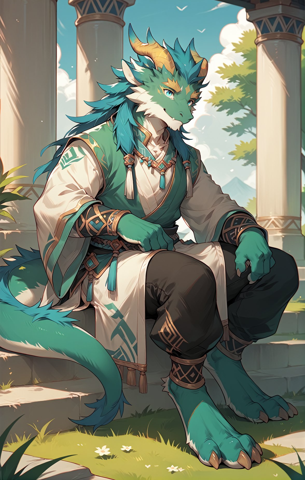 score_9,score_8_up,score_7_up,score_6_up,score_5_up,score_4_up,source_furry,han fu,male,Draco Echo,green body,Blue tip,golden horn,Blue hair,smile,dragon,golden eyebrows,sitting,blue eyes,standing,outdoors,sky,grass,tuft,digitigrade,tail_ring,green fur,digital media (artwork),Black pants,<lora:Draco Echo_XL_Pony_16-000009:0.8>,<lora:Han fu_XL_Pony_Lokr-000010:1>,