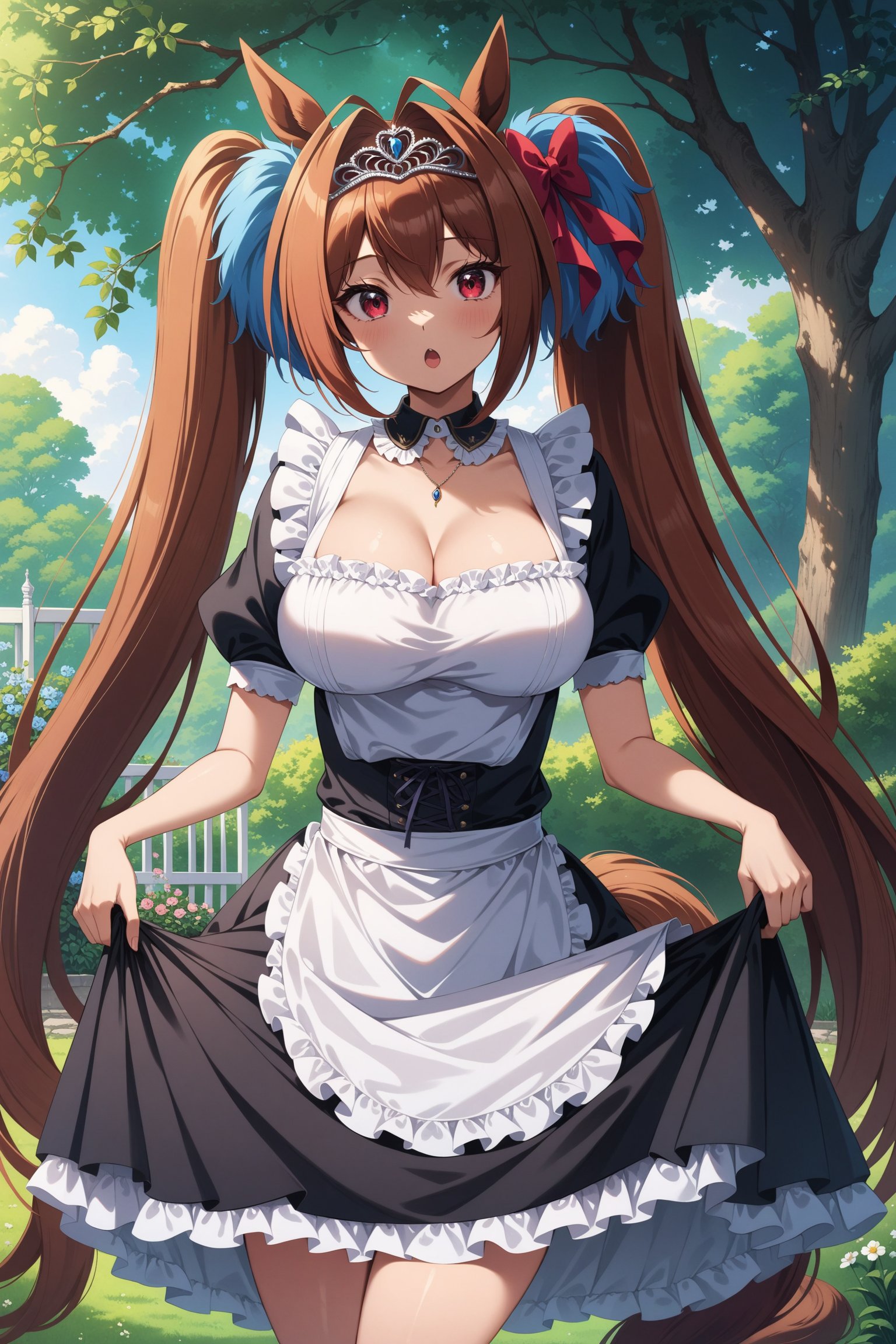 (masterpiece, best quality, very aesthetic, ultra detailed), intricate details, 4k, anime style, aadaiwa, long hair, twintails, hair bow, animal ears, tiara, horse tail, <lora:daiwa_scalet_XL_v1:0.9>, maid, dress, apron, garden, skirt hold, :o, cleavage,