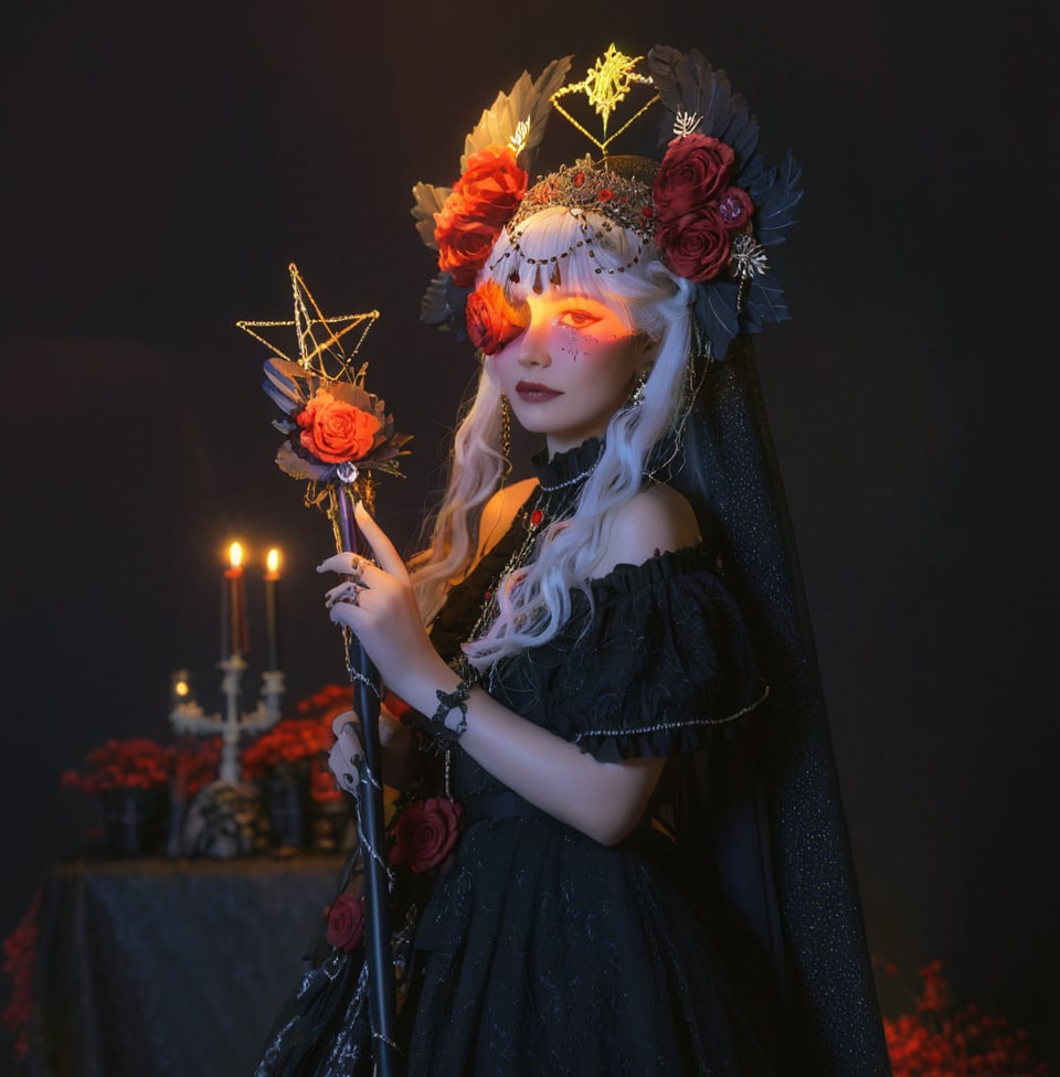 A crow stands on the woman's shoulder,gothic girl,1girl,red flower,solo,flower,dress,ring,black dress,jewelry,red rose,candle,rose,glowing,long hair,holding,veil,hat,white hair,wand,hair ornament,hair flower,off-shoulder dress,looking at viewer,off shoulder,glowing eyes,facial mark,nail polish,exquisite makeup,gothic-style clothing,the refracted sunlight shines on the face and hands,the refracted sunlight shines on the face,frontal view,rose scepter,side view,<lora:乌鸦少女-000004:0.4>,kind_smile,(path),nature,sea,