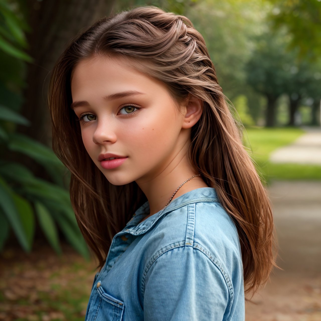 best quality, extra resolution, wallpaper, looking back, portrait of charming (AIDA_LoRA_AngelPo:1.09) <lora:AIDA_LoRA_AngelPo:0.75> as little girl in a simple shirt and jeans standing in the park next to the tree, pretty face, seductive, cinematic, studio photo, studio photo, kkw-ph1, hdr, f1.7, (colorful:1.1)