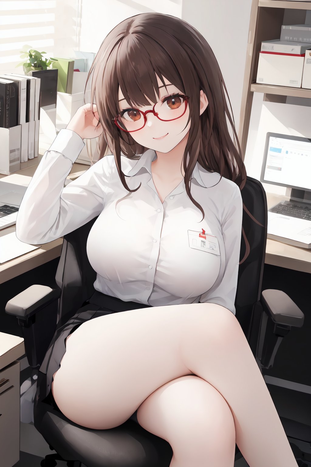 a young women sitting at a desk holding a folded workpiece and smiling, 1girl, office chair, glasses, solo, chair, crossed legs, skirt, sitting, long hair, smile, brown hair, office lady, office