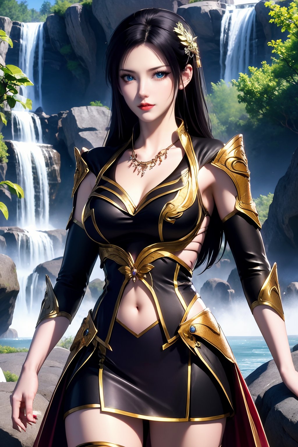 1girl, black hair, solo, long hair, waterfall, breasts, gloves, blue eyes, dress, water, black dress, fingerless gloves, looking at viewer, bare shoulders, medium breasts, cleavage, red lips, hair ornament, thighhighs, black gloves, tattoo, cowboy shot, parted lips, covered navel, armor, jewelry, rock, standing, outdoors, necklace, closed mouth, lips