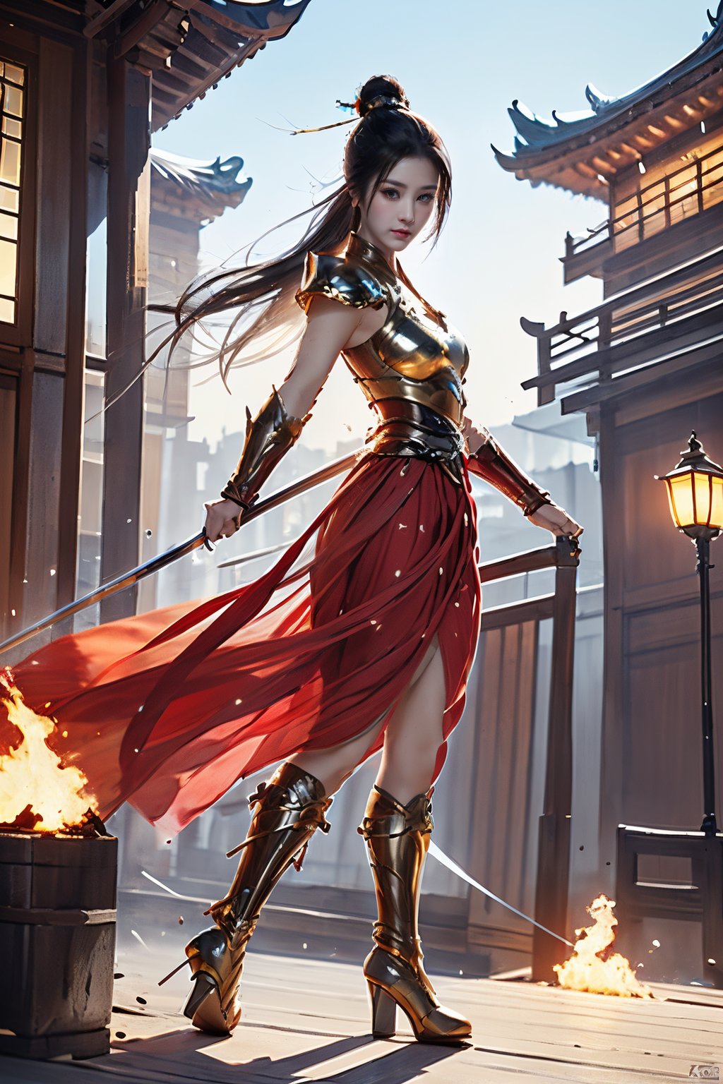 gfmm007, 1girl, solo, weapon, long hair, sword, armor, hair ornament, full body, high heels, dress, architecture, holding, hair bun, brown hair, boots, lantern, holding weapon, east asian architecture, looking at viewer, fire, outdoors, single hair bun, from side, red dress, holding sword, building, sky, black hair, standing, skirt, closed mouth, high heel boots,<lora:SMHF1.5:0.8>,