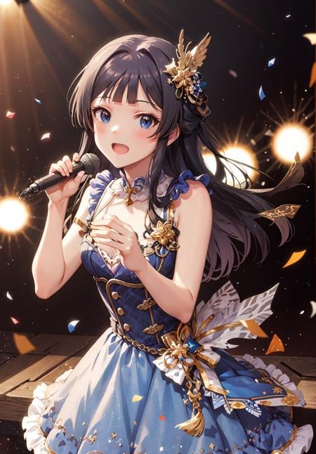 shizuka mogami (million live), (best quality, 8K, masterpiece, ultra detailed:1.2), cinematic angle, dynamic pose, light particles, lens flare, blurry, blurry background, multiple others, backlighting, falling petals, confetti, milestone celebration, screen, livestage, spotlight, audience, blue dress, 1girl, solo, black hair, long hair, blue eyes, blunt bangs, sidelocks, half updo, hime cut, idol, idol dress, singing, wing hair ornament, looking at viewer, close-up, shiny skin, shiny hair, slight smile, hand on own chest, 