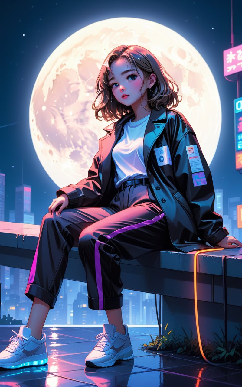 (illustration:1.4),moonlight,best quality,(masterpiece:1.3),full body,ultra-detailed,solo,1girl,hyper_galaxy,overcoat,trousers,dreamlike,lying,glowing neon lights,pixelArt,polaroid,