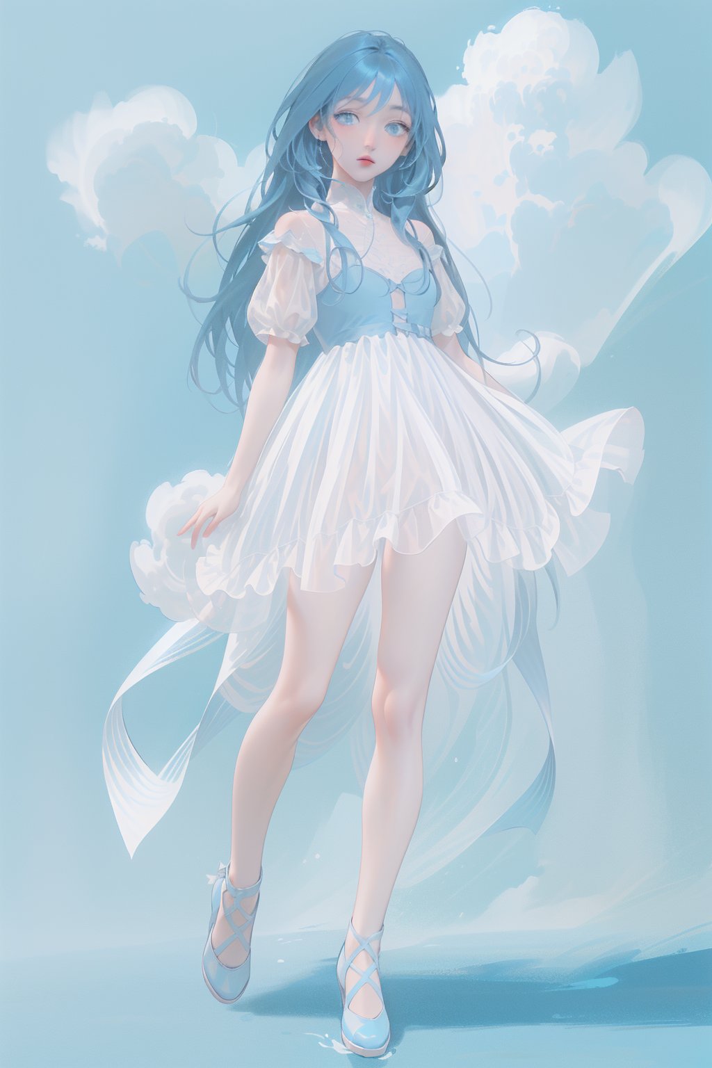 NLP,anime,2d,masterpiece,(best quality),(1girl) ,solo,(high contrast:1.2),(high saturation:1.2),((black and white sdress)),looking at viewer,((white and light blue theme:1.3)),((white and light blue background:1.5)),full body,black footwear,((the light blue water on sky and white cloud and day))