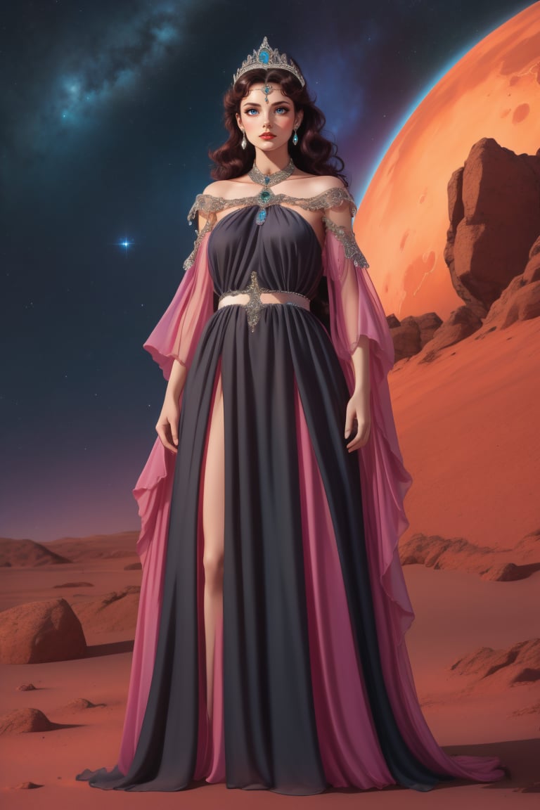 full body, adult woman, 38 year old female, medium breasts, wearing HUD_spr_armr, jeweled tiara, long chiffon dress, detached sleeves, jewelry, intricate engraved metal neckpiece, belt, pauldrons,<lora:HUD_spr_armr-07:0.65>, (long black wavy hair), cinematic, dramatic, 4k, standing, on Mars, dusty, galactic, <lora:ILT80s_1.5-000007:1>, sexy woman wearing HUD_ILT80s