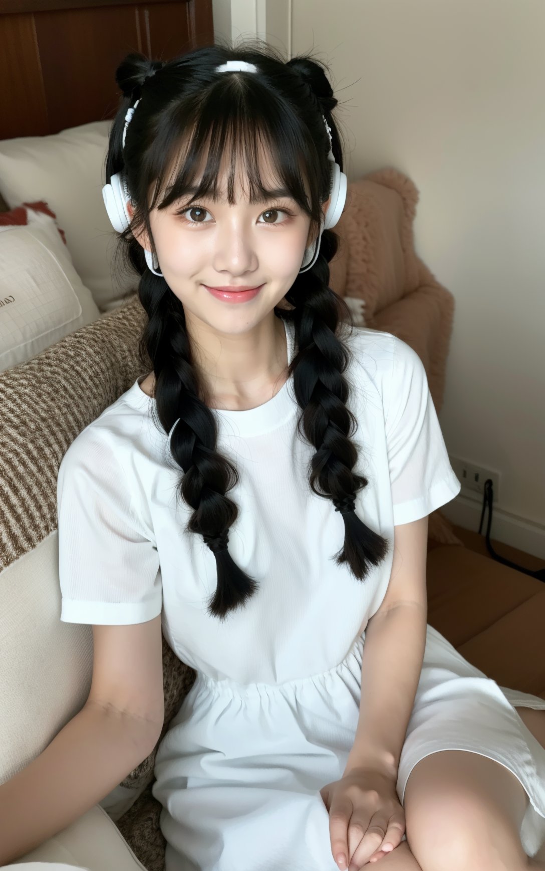 a woman sitting on a bed with headphones on her ears and a plate with a cake in it,1girl,twin braids,braid,solo,black hair,smile,long hair,looking at viewer,black eyes,pillow,bangs,bed,shirt,realistic,short sleeves,twintails,blunt bangs,white dress,dress,,