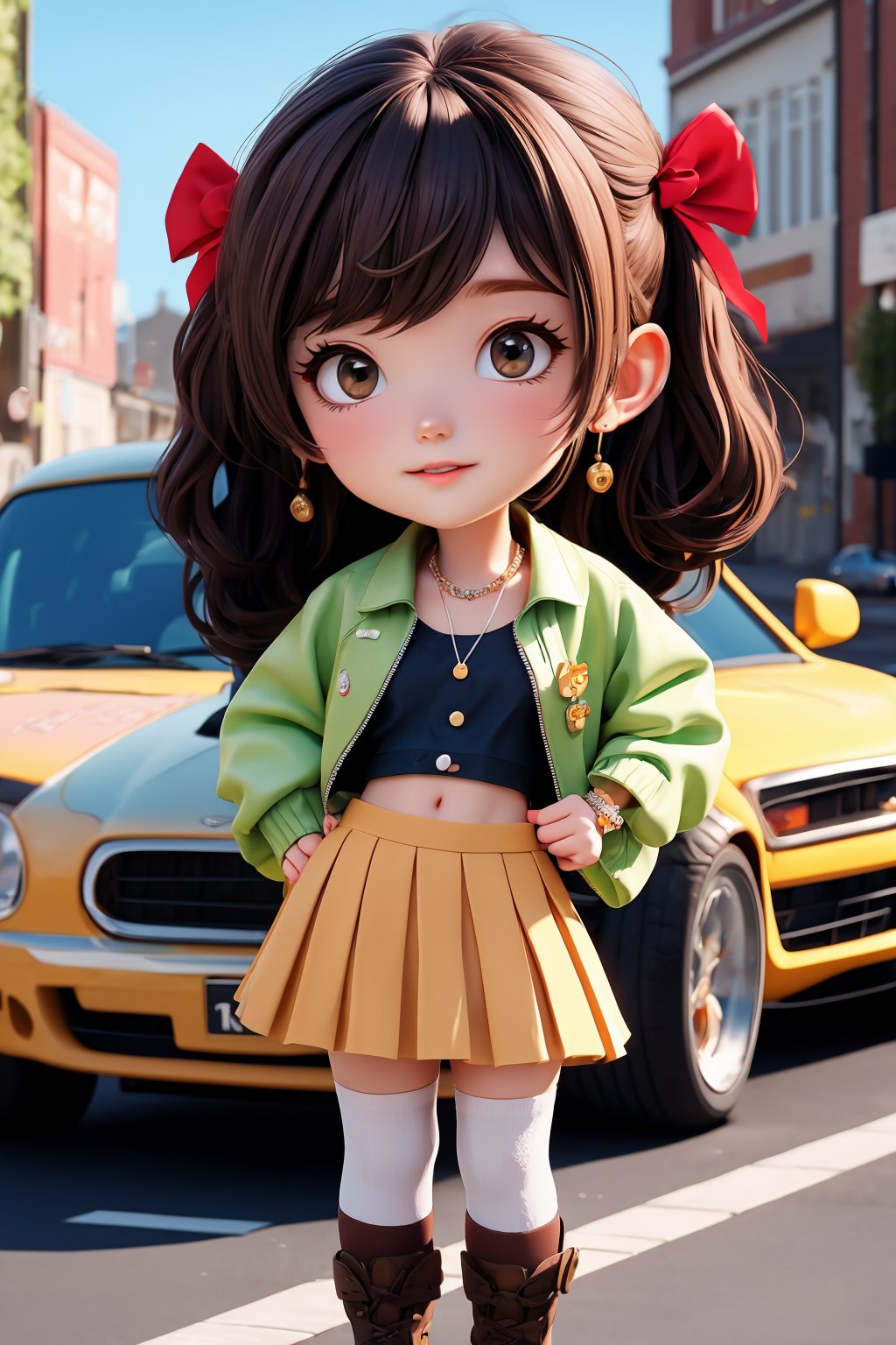 1girl, breasts, skirt, underwear, necklace, looking at viewer, navel, shirt, bracelet, cleavage, solo, long hair, pleated skirt, outdoors, cowboy shot, car, skirt, sleeves rolled up, midriff, collar, road, miniskirt, motor vehicle, collarbone, collared shirt, thighhighs, street, standing, chain, buttons, watch, bow, buttoned, single thighhigh, day, lace trim, wristwatch, jacket,