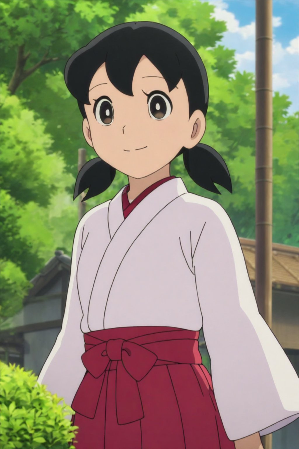 minamoto shizuka,1girl, solo, japanese clothes, black hair,miko, black eyes, smile, twintails, outdoors, hakama, cowboy shot, looking at viewer, skirt, short hair, day, short twintails, hakama skirt, tree, red hakama, long sleeves,masterpiece, perfect face, best quality, beautiful eyes, shiny eyes, anime coloring, anime screencap, absurdres, award winning,  <lora:minamoto shizuka ghostb 906:0.8>