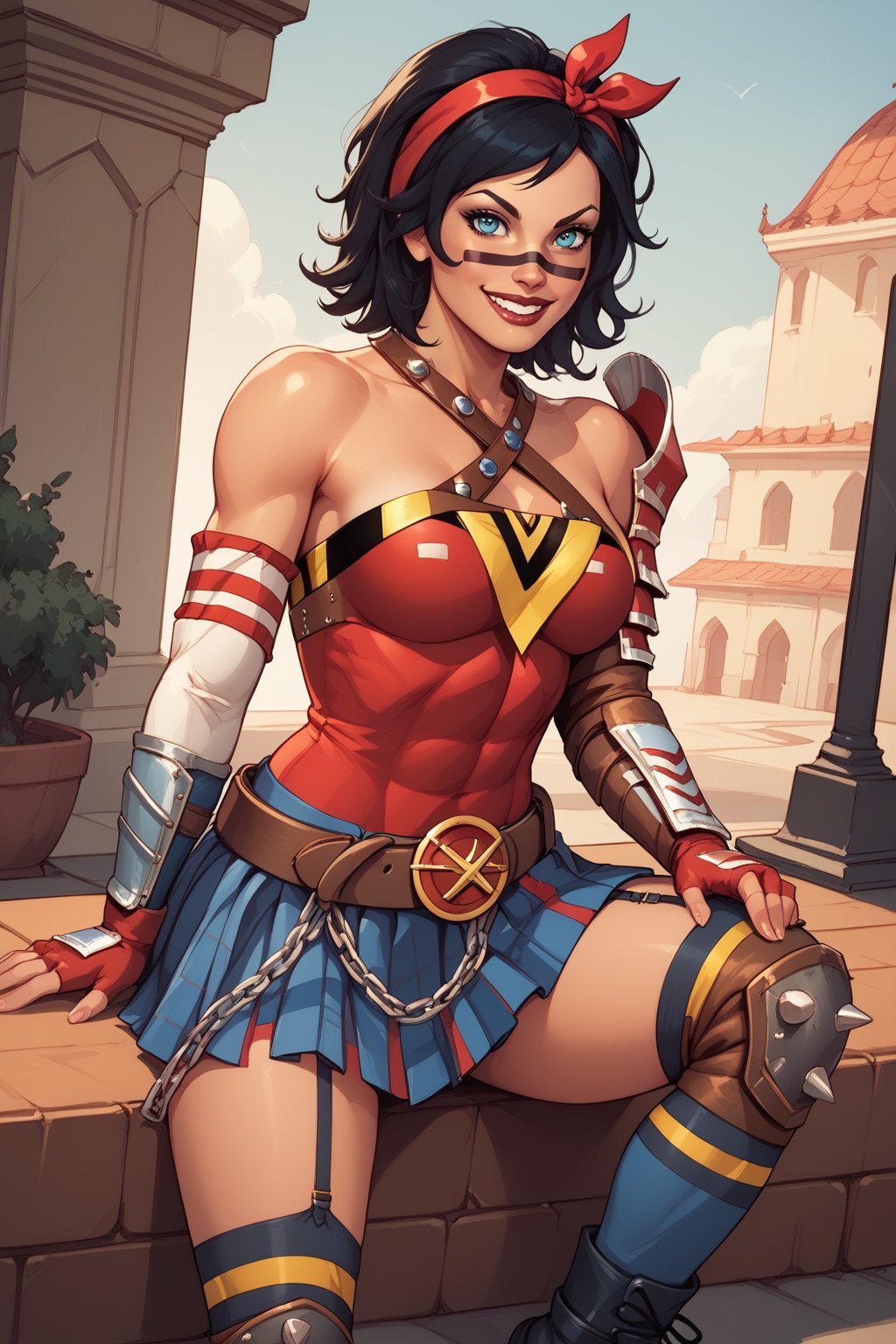 score_9, score_8_up, score_7_up, masterpiece, high quality, BREAK <lora:Atomic Wonder WomanPonyLoRA:1>atmcww, short hair, hairband, hair ribbon, top, criss-cross halter, facepaint, bare shoulders, single pauldron, detached sleeves, fingerless gloves, belt, skirt made of ties, belt buckle, garter straps, single elbow pad, knee pads, chain, spikes, smile