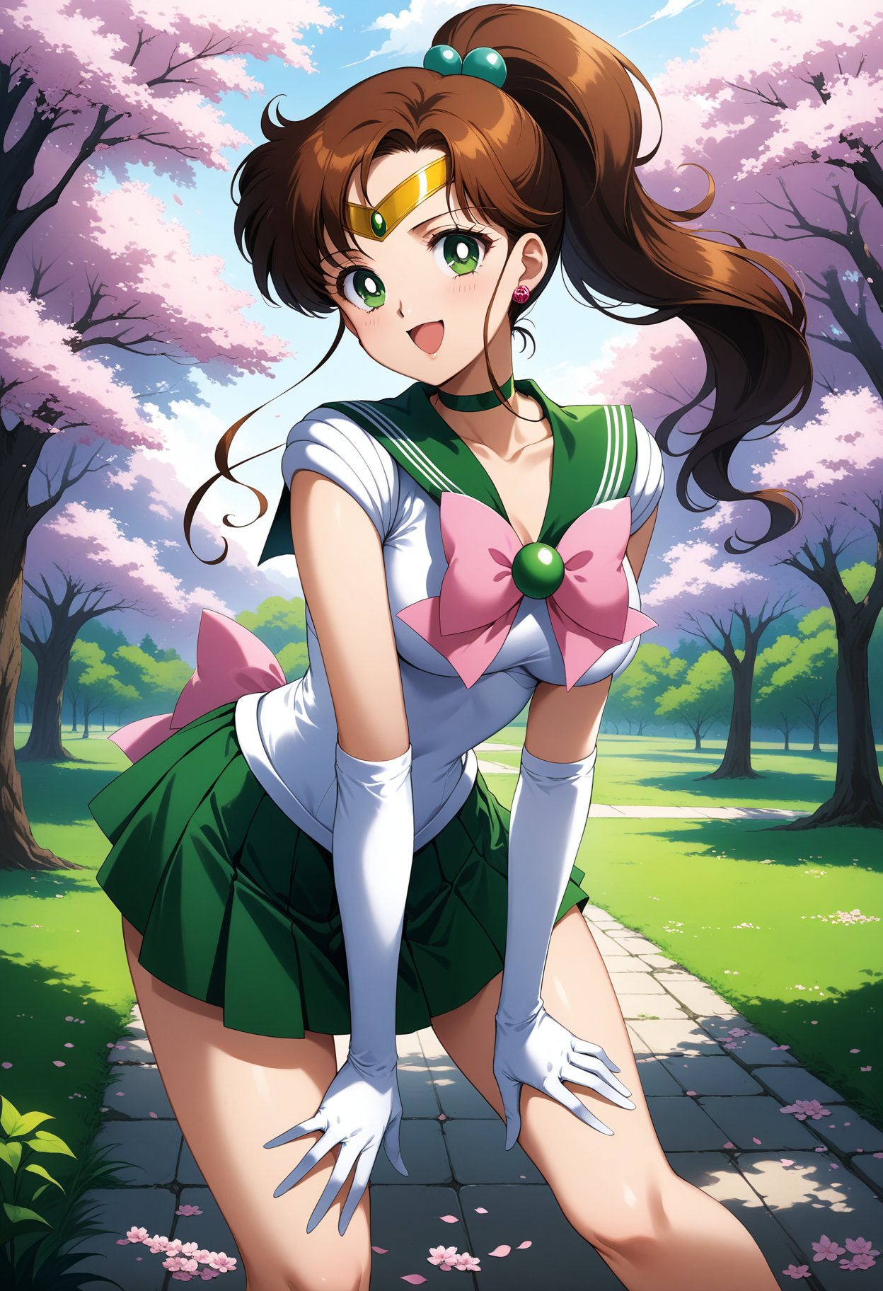 (masterpiece, best quality, very aesthetic, ultra detailed), intricate details, 4k, aajupiter, long hair, brown hair, ponytail, hair bobbles, tiara, earrings, green eyes, green choker, green sailor collar, pink bowtie, white shirt, elbow gloves, white gloves, green skirt, pleated skirt, bare legs, <lora:sailor_jupiter_animaginexl_v2:0.9>, smile, open mouth, cherry blossoms, standing, cowboy shot, outdoors, leaning forward, hands on own thighs,