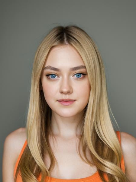 Realistic photo of a beautiful d4k0t4f woman,1girl,solo,long hair,looking at viewer,blue eyes,blonde hair,simple background,bare shoulders,closed mouth,upper body,grey background,lips,realistic,orange shirt, soft lighting, professional Photography, Photorealistic, detailed, RAW, analog, sharp focus, 8k, HD, high quality, masterpiece<lora:d4k0t4f:1.0>