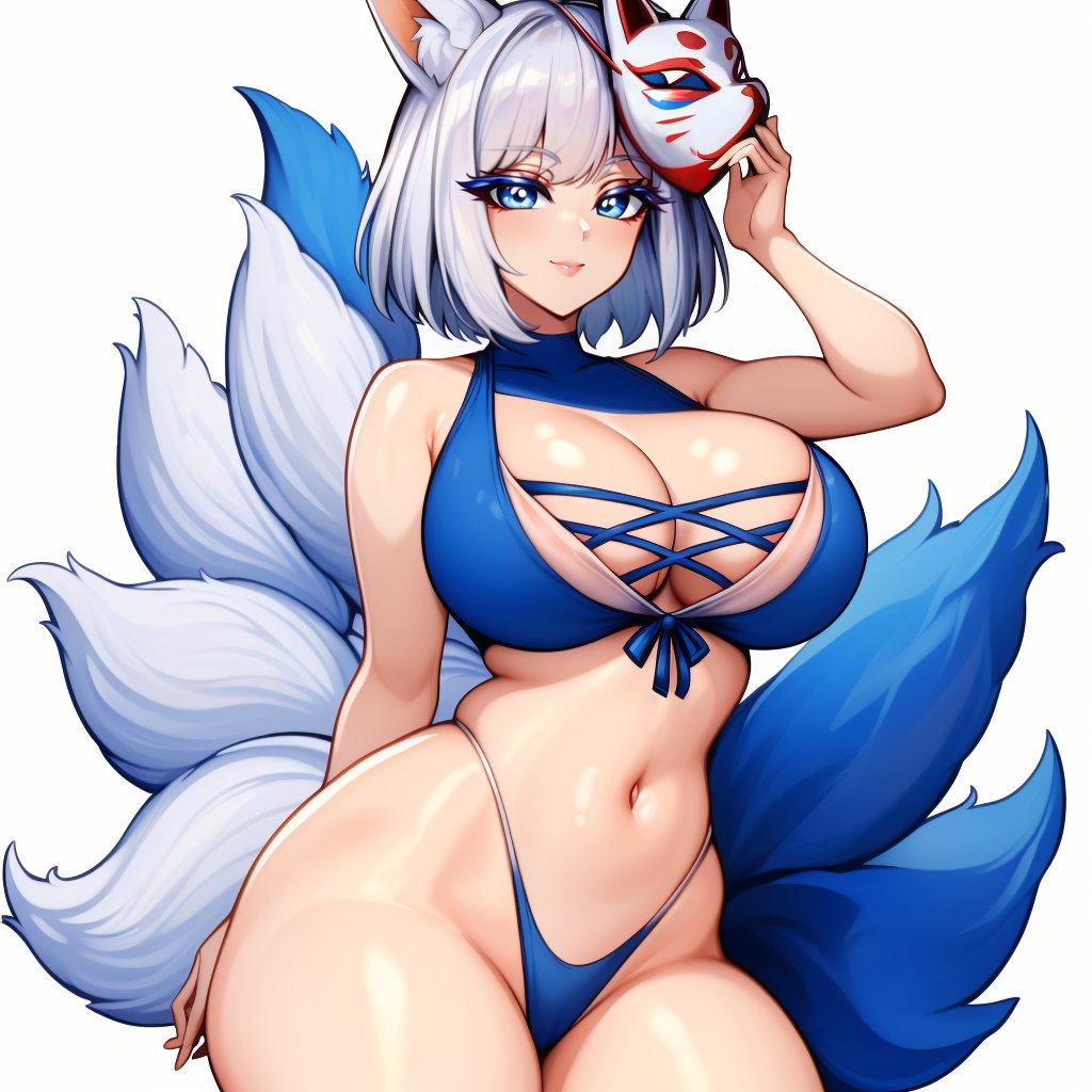 (masterpiece, best quality:1.3), JUGGERTUUL, 1girl, solo, looking at viewer, wide hips, mature female, simple background, closed mouth, seductive smile, large breasts, cowboy shot, thick thighs,  <lora:JUGGERTUUL Style Lora:1>, kaga(everlasting killing stone), white hair, blue eyes, fox ears, mask on head, fox mask, tail, fox girl <lora:kaga_everlasting_killing_stone:.8>