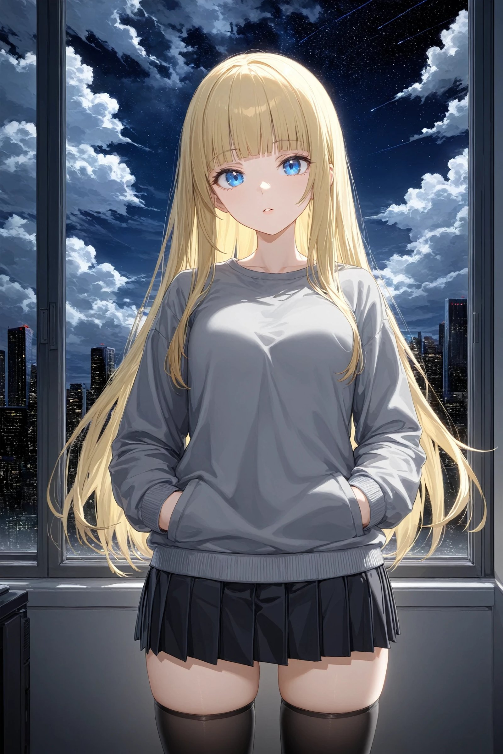 1girl, solo, indoors, black skirt, black thighhighs, blonde hair, blue eyes, blunt bangs, cloud, cloudy sky, cowboy shot, grey shirt, hands in pockets, long hair, long sleeves, looking at viewer, night, night sky, parted lips, pleated skirt, shirt, skirt, sky, star (sky), starry sky, thighhighs, masterpiece, best quality