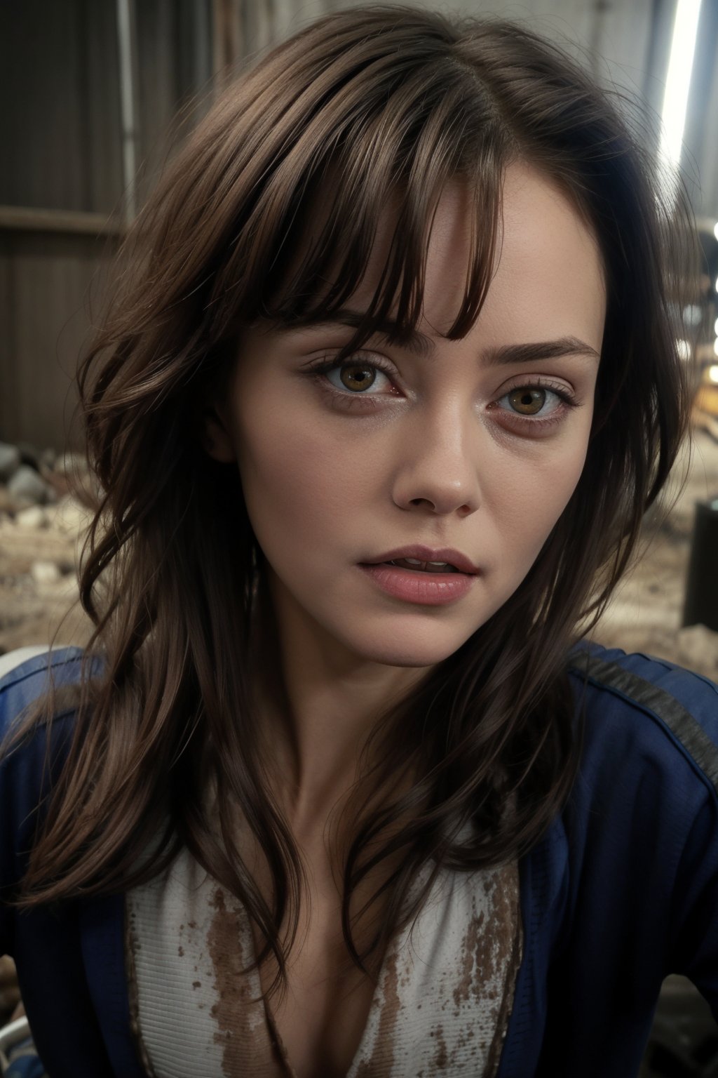 brunette, medium hair, dark undereyes, dark undereyes, cute, perfect face, beautiful, high quality, brown eyes, perfect eyes, bangs, fallout, blue jumpsuit, dark eyes, brown irises, wasteland, post apocolypse, cute,SD 1.5 ,REALISTIC,photorealistic, eye bags, lucy maclean fallout,base model, full-body_portrait,long hair, messy, dirty, filthy<lora:EMS-377773-EMS:0.800000>