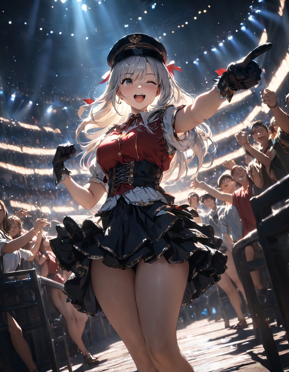 anime,1girl,white long hair,gray eyes, white shirt, idol clothes, one eye closed, red shirt, black skirt, black headwear, gloves, stage light, singing, open mouth, crowd, smile, pointing at viewer, masterpiece, best quality (Depth of field hdr 8k 4k wallpaper cinematic angle, cinematic lighting,:1.5) (masterpiece, best quality:2.0), (Depth of field hdr 8k 4k wallpaper cinematic angle, cinematic lighting,:1.5) (masterpiece, best quality:2.0)