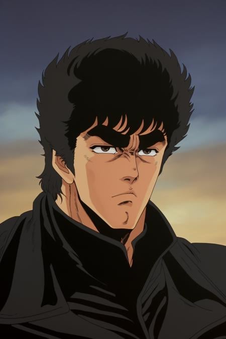 closeup of a man with a serious expression, wearing a black jacket and black shirt, looking at something, at night,HNKstyle, 80's anime,<lora:HNKstyle-000001:0.7>