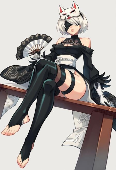 score_9, score_8_up, score_7_up, 1girl, solo, 2b \(nier:automata\), yorha 2b, white hair, blindfold, (mask on head, fox mask), hand fan, holding fan, short kimono, (japanese clothes, black kimono), wide sleeves, bare shoulders, detached sleeves, white gloves, sash, ribbons, stirrup thighhighs, legs crossed, sitting on table, thighs, simple background, dynamic angle, perspective, Gerph_style