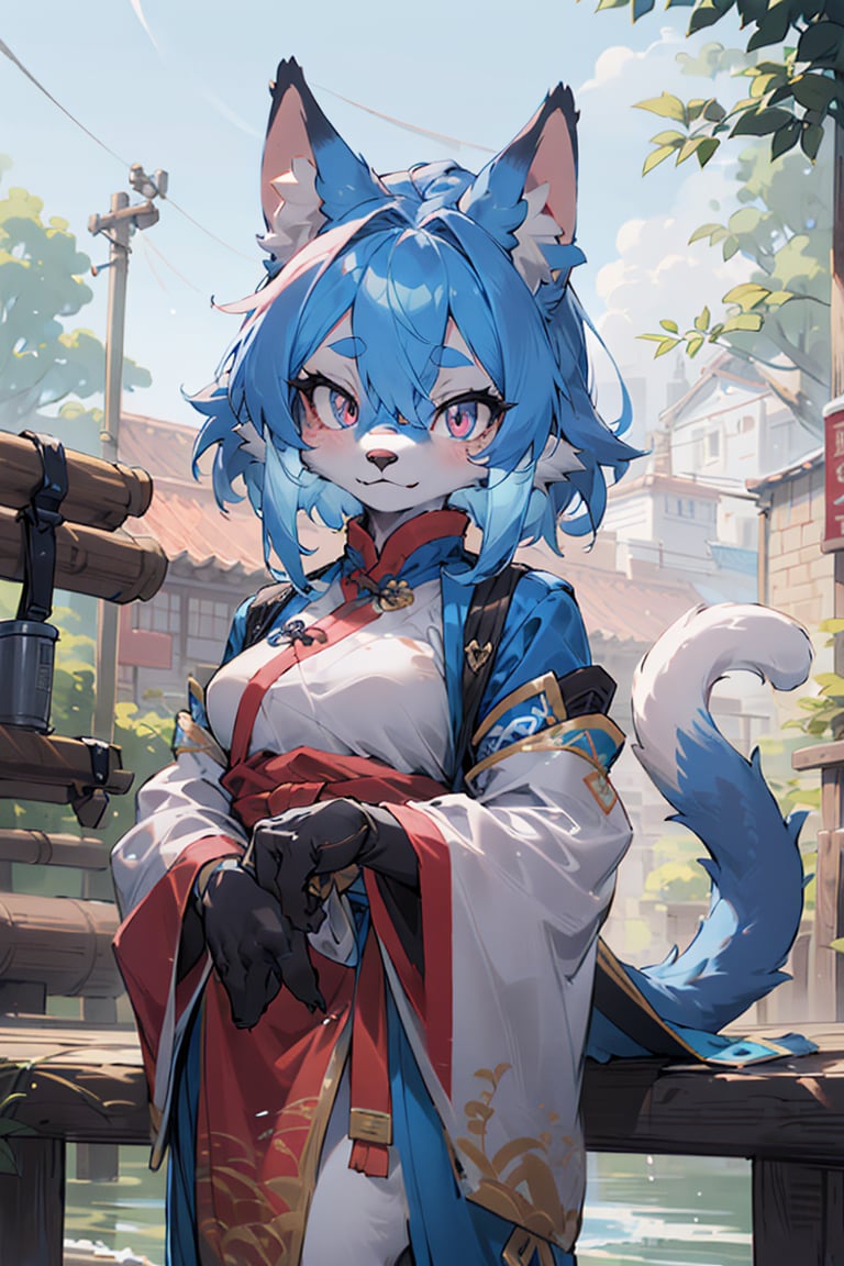 best hands,best quality,(masterpiece,ultra detailed 8k art),Fluffy, (anthro, 1 girl,furry female,cat),out door, chinese clothes, iron blue Medium hair, iron blue ear, iron blue tail, pink eyes