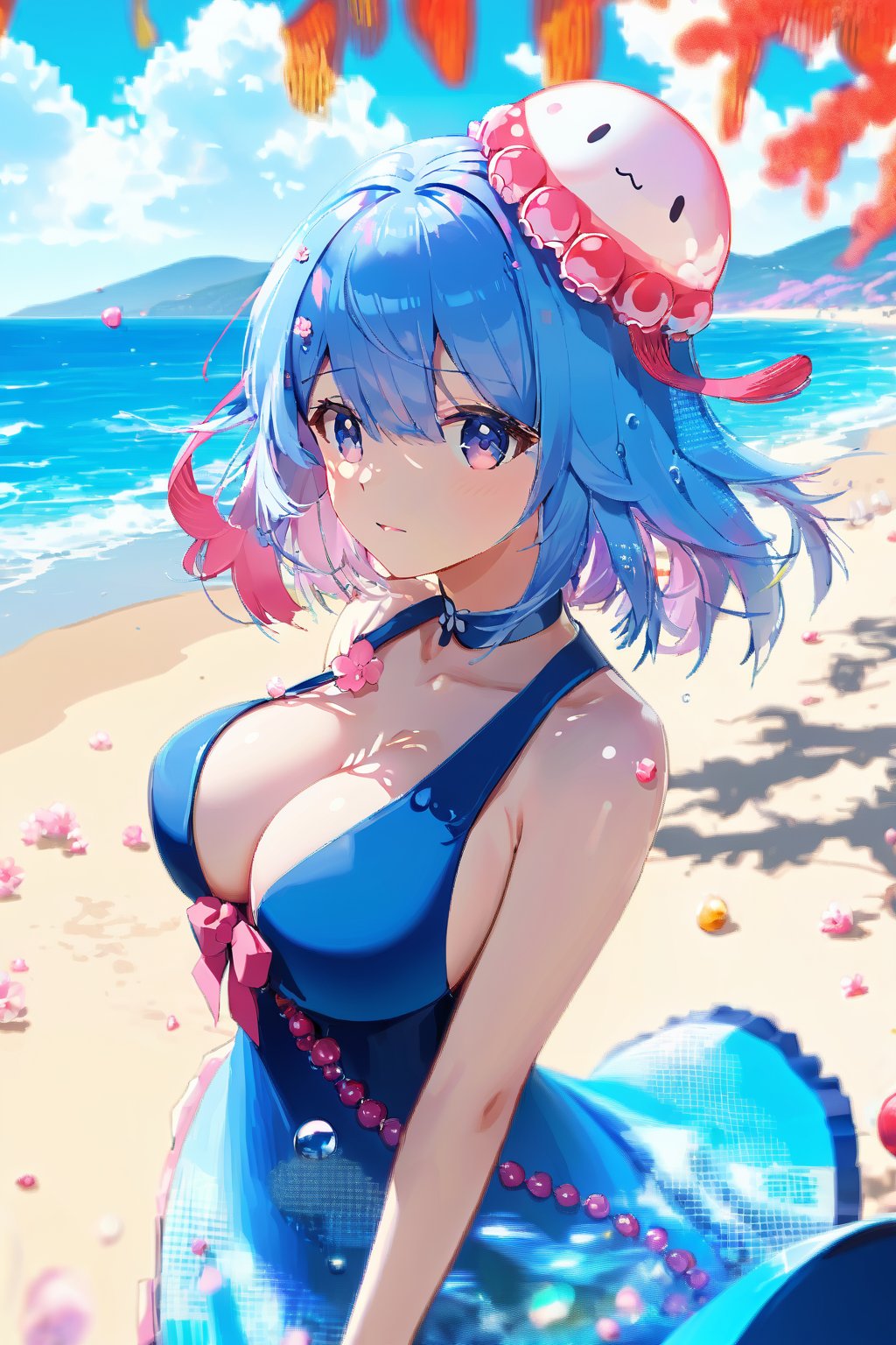 ray tracing, {best quality}, {{masterpiece}}, {highres}, original, extremely detailed 8K wallpaper, {an extremely delicate and beautiful}, extremely detailed CG unity 8k wallpaper, beachday, outdoorsdetailed background, Cherry blossoms, large breasts, blue hair, short hair, pink headwear, jellyfish headwear<lora:EMS-321540-EMS:1.000000>