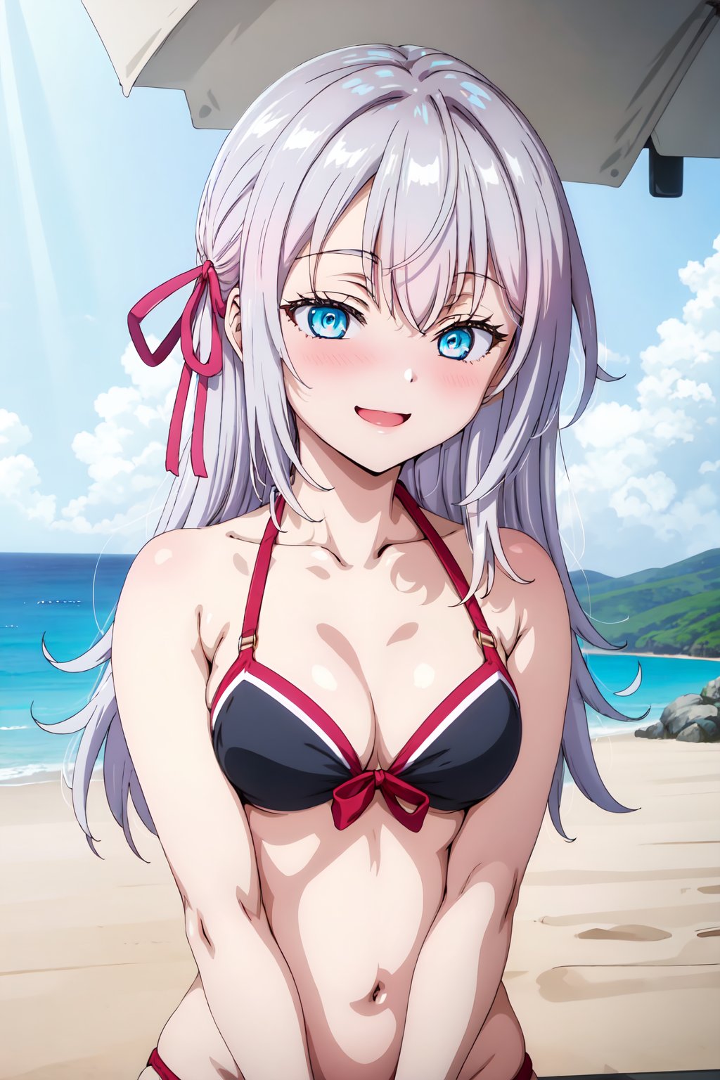 AlisaMikhailovnaKujou, 4k, absurd, high resolution, very high resolution, high definition, masterpiece, 1 girl, long hair, blue eyes, duct tape, hair ribbon, gray hair, (bikini: 1.2), beach background, arms v, upper body, smile, blushing, embarrased<lora:EMS-391416-EMS:0.900000>