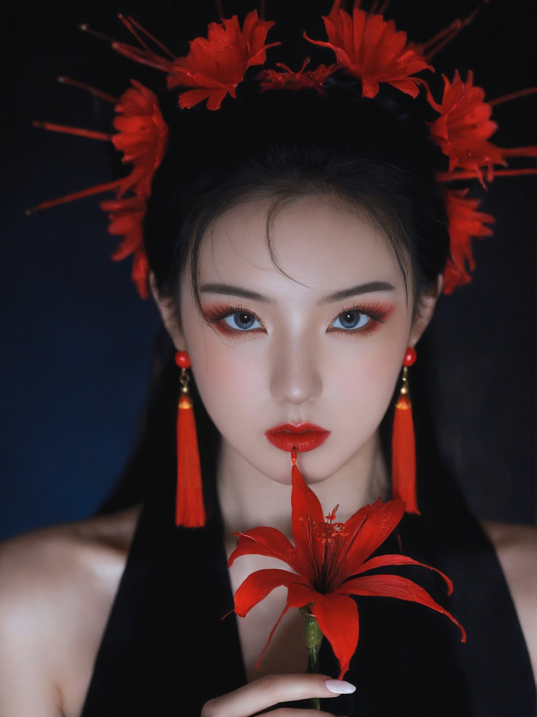 arien photography,chinese art photography,1girl,solo,hair ornament,black hair,jewelry,earrings,holding,red flower,looking at viewer,long hair,spider lily,red lips,black eyes,makeup,portrait,eyelashes,lips,lipstick,hair flower,blue eyes,tassel,upper body,parted lips,