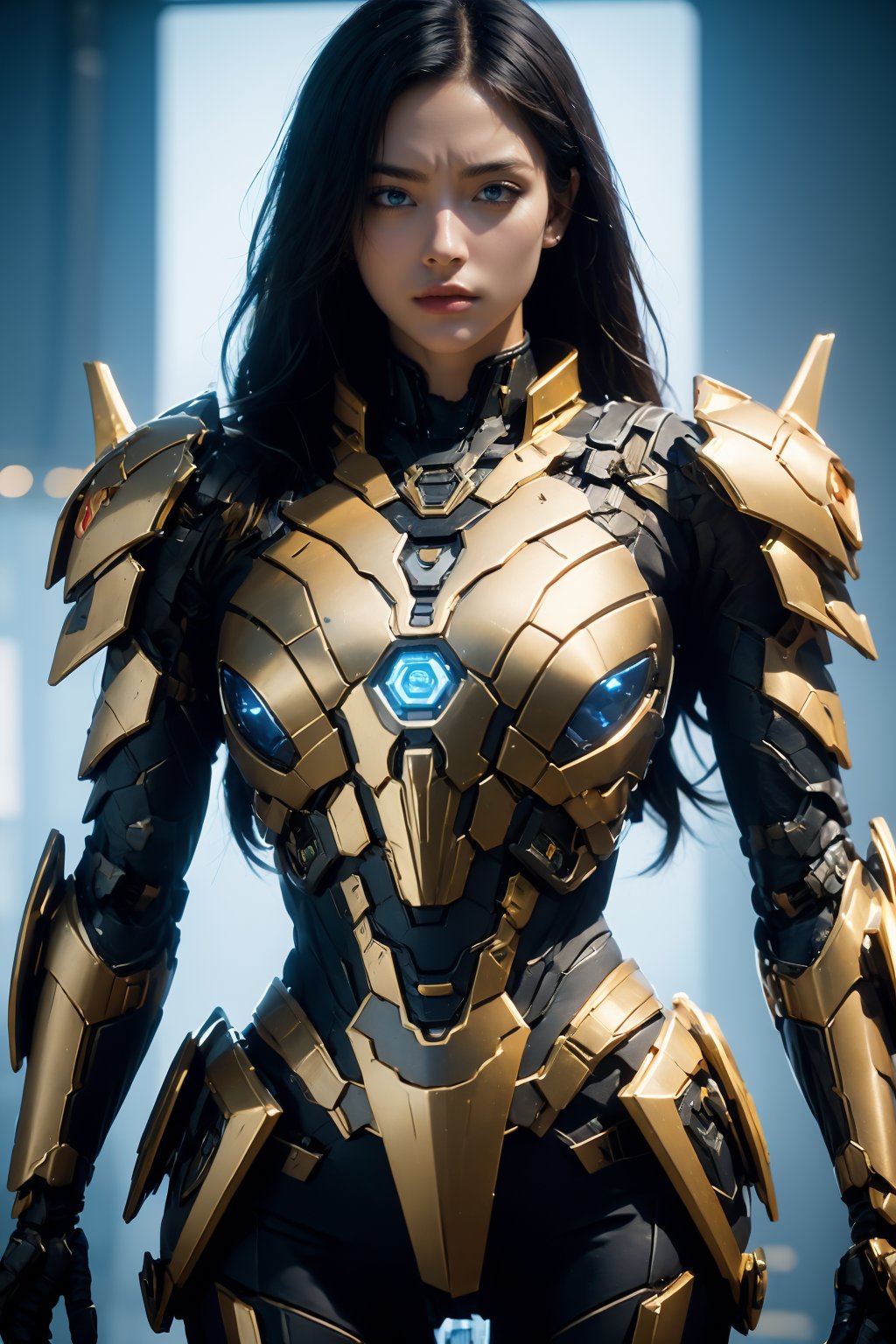 <lora:AgainRealistic_v2.0:1>,AgainRealistic_v2.0, 1girl, red long hair, solo, blue eyes, looking at viewer, upper body, blue armor, highly reflective armor, realistic, science fiction, power armor, bodysuit, cyborg, black hair, cyberpunk, 