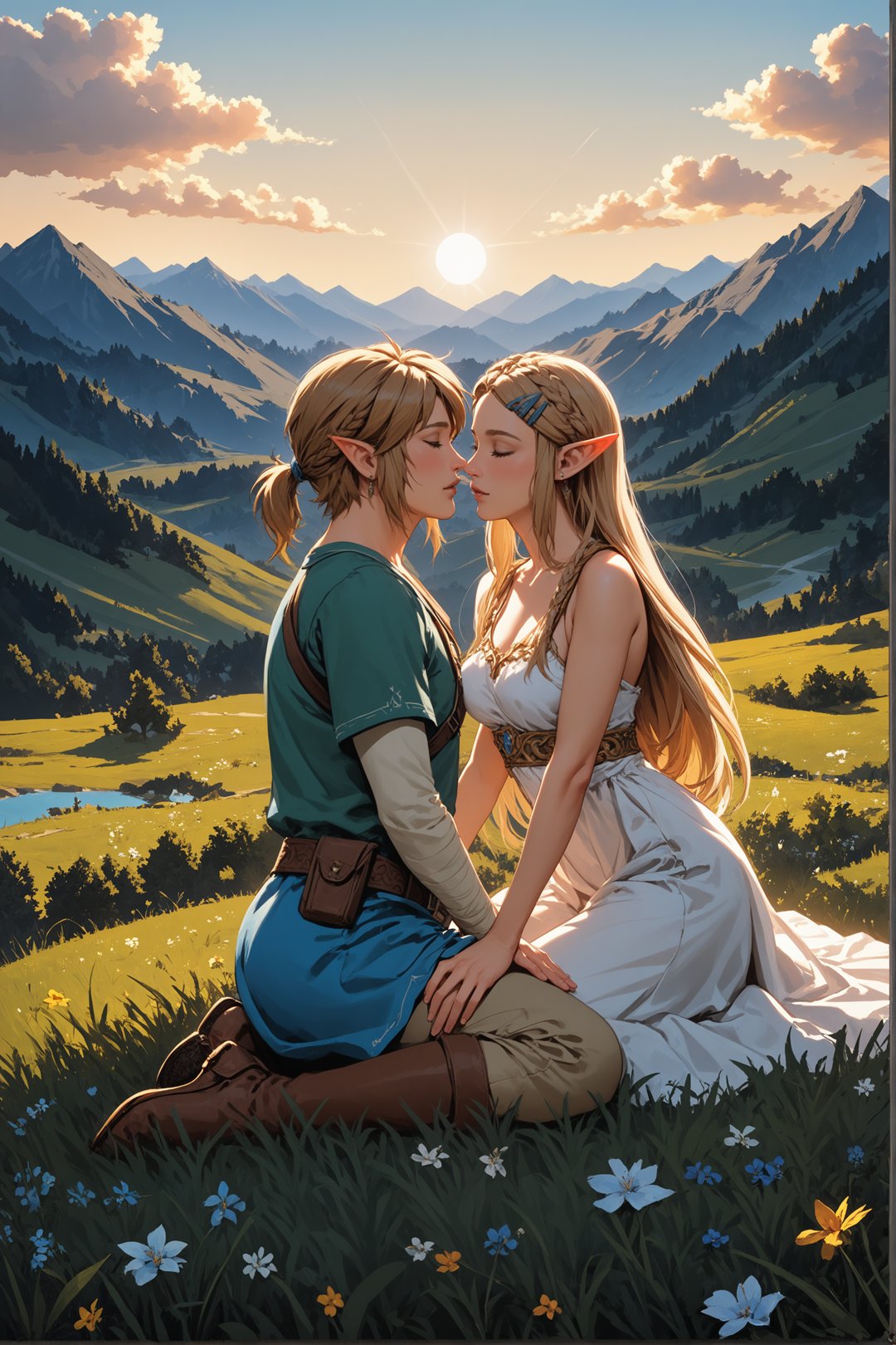 score_9, score_8_up, score_7_up, rating_questionable, Princess Zelda, Link, passionate love,landscape background, (masterpiece, best quality, highly detailed, realistic),