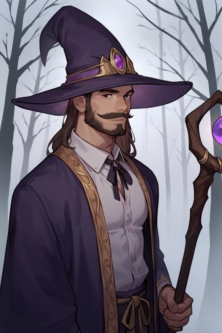 score_9, score_8_up, score_7_up, rating_safe, 1boy, solo, male focus, mature male, wizard, long hair, brown hair, black eyes, looking at viewer, hat, facial hair, beard, mustache, staff, wizard hat, purple hat, shirt, collared shirt, robe, purple robe, cloak, holding, holding staff, upper body, standing, outdoors, forest, nature, tree, fog, dark background <lora:Smooth Anime Style LoRA XL:0.7>