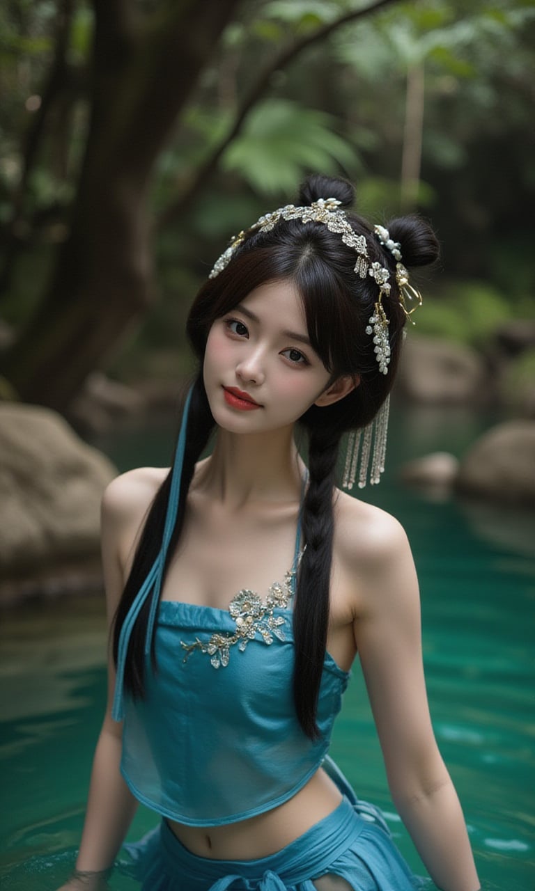 a girl in a blue dress standing in a serene natural setting.   She is positioned in a cave-like environment with a water body in the background.   The water appears calm, reflecting the surrounding greenery.     She is wearing a belly dance costume, with intricate details and a graceful pose.    She is looking directly at the camera with a calm and composed expression.   The cave's walls are rocky, and there are plants and foliage surrounding the wat