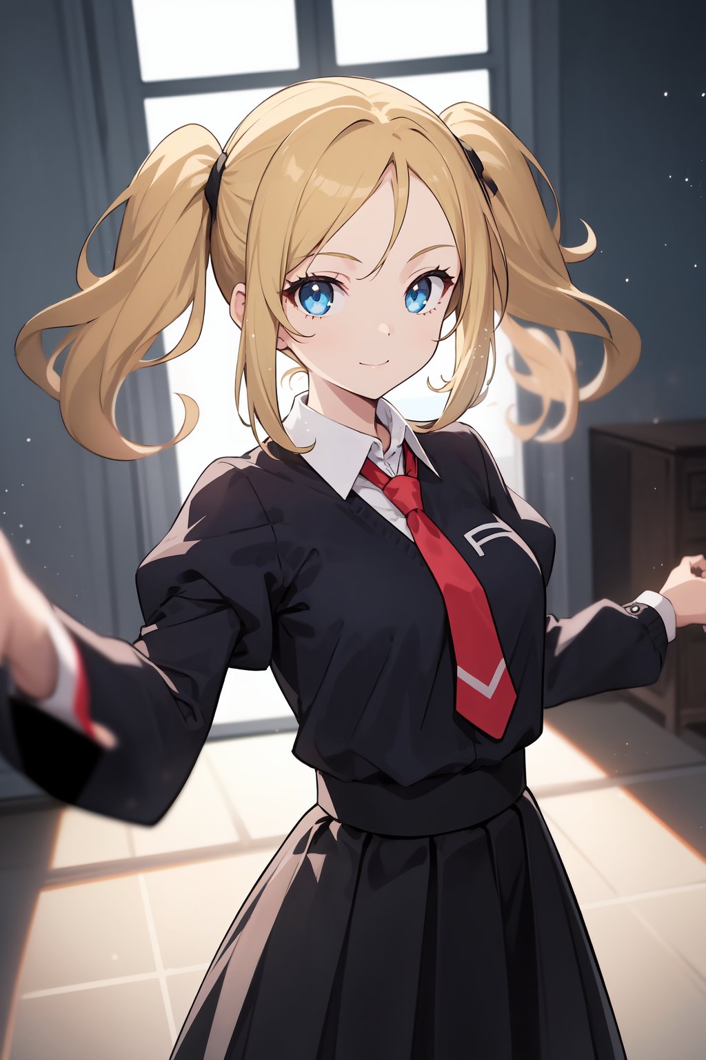 1girl, , backlighting, black skirt, blonde hair, blouse, blue eyes, blurry, blurry background, closed mouth, collared shirt, day, depth of field, indoors, juliet sleeves, light particles, light smile, long skirt, long sleeves, looking at viewer, medium hair, messy hair, necktie, parted bangs, puffy sleeves, reaching, reaching towards viewer, red necktie, shirt, skirt, solo, standing, twintails, window, 