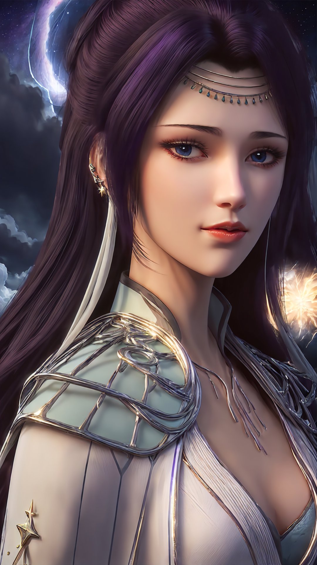 snfw,yy,1girl,solo,green chinese clothing,hollow shoulder armor,ear accessories,forehead jewelry,long hair,ear ribbon,collar,closed mouth,realistic,purple hair,portrait,(starry tornado:1.4), starry Nebula, beautiful detailed sky,