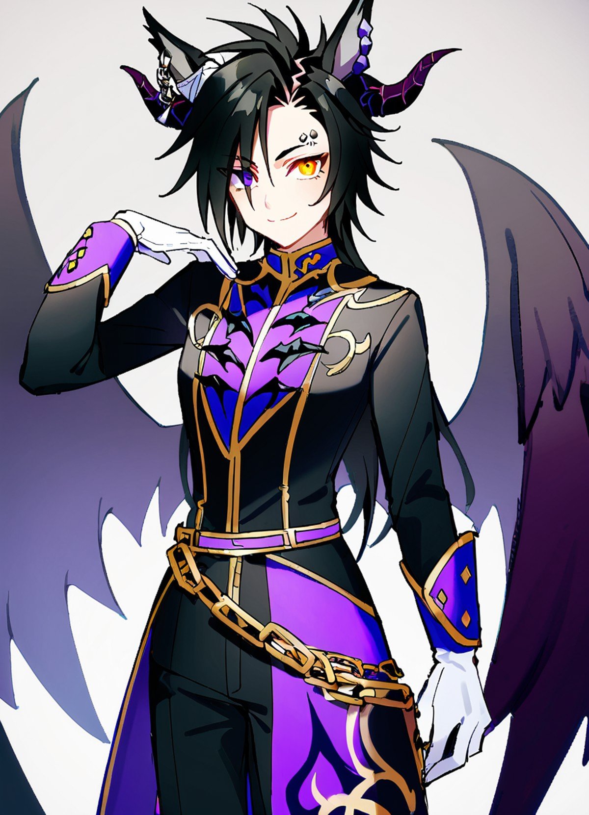 air shakur \(umamusume\), black pants, closed mouth, official alternate costume, demon horns, long sleeves, chain, low wings, eyebrow piercing, black jacket, white gloves, looking at viewer, ear ornament, cowboy shot, smile, solo, black wings, heterochromia, masterpiece, best quality, absurdres<lora:UmaDiffusionXL_UAF:0.7>