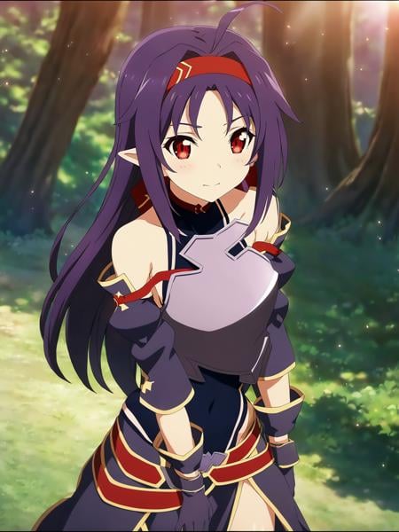 yuukibase, purple hair, long hair, ahoge, red eyes, pointy ears, hairband, armor, breastplate, detached sleeves, leotard, purple skirt, bare shoulders, gloves, 1girl, soloBREAKmagical forest, dappled sunlight, sunset, depth of field, cinematic, game cg, anime screencap, official art, masterpiece, best quality<lora:dsyuuki_a3b:1>