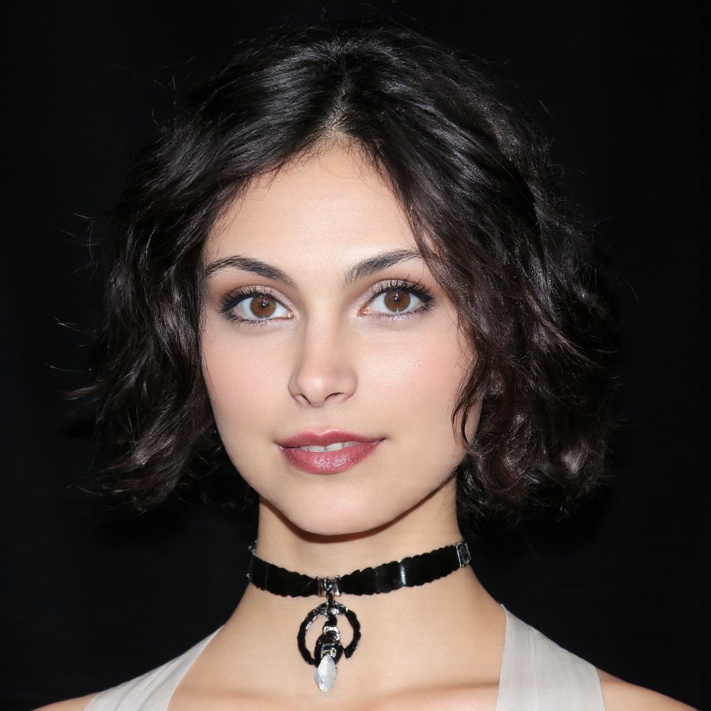 morena_baccarin, A woman with dark hair is wearing a black choker around her neck. The choker has a black pendant hanging from it. The woman has dark lipstick on her lips and her face is white. Her eyes are blue and she has long eyelashes. The background is completely black.