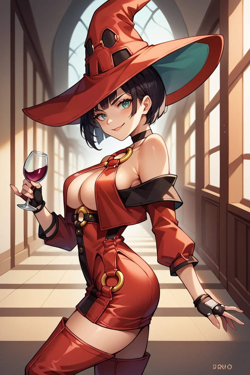 score_9, score_8_up, score_7_up, score_6_up, source_anime, 1girl, solo <lora:ggino-pdxl-nvwls-v1-000005:1> xrdIno, black hair, bare shoulders, red hat, choker, o-ring top, detached sleeves, long sleeves, red skirt, high-waist skirt, fingerless gloves, thigh boots, large breasts, from side, holding wineglass, wine, smirk, mansion, hallway, looking at you