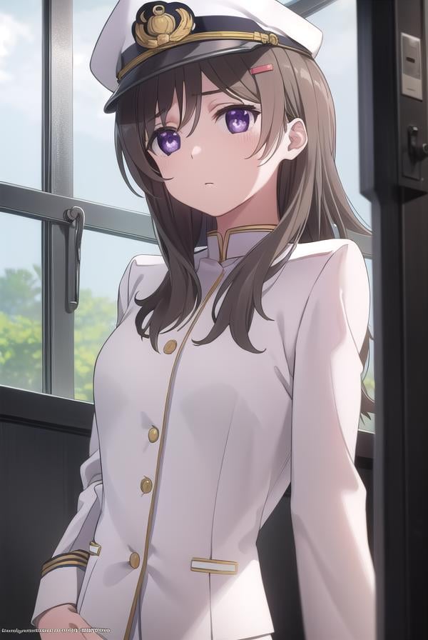 chinamoeka, <lora:china moeka s1-lora-nochekaiser:1>,china moeka, long hair, brown hair, (purple eyes:1.1),BREAK hair ornament, hat, hairclip, uniform, military, military uniform, peaked cap, naval uniform, (white uniform:1.5),BREAK outdoors, ship, navy,BREAK looking at viewer, (cowboy shot:1.5),BREAK <lyco:GoodHands-beta2:1>, (masterpiece:1.2), best quality, high resolution, unity 8k wallpaper, (illustration:0.8), (beautiful detailed eyes:1.6), extremely detailed face, perfect lighting, extremely detailed CG, (perfect hands, perfect anatomy),