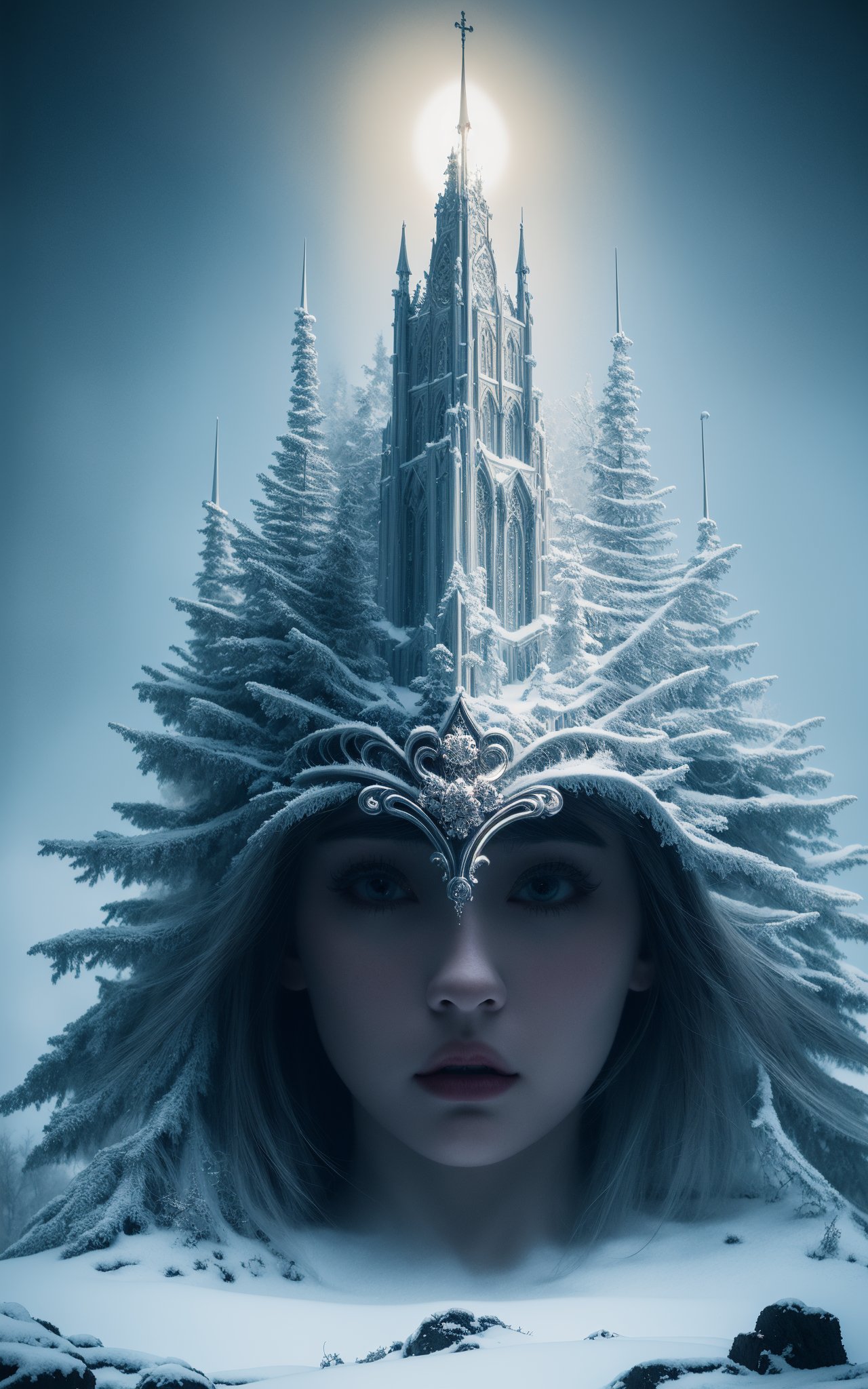 (masterpiece, top quality, best quality, official art, beautiful and aesthetic:1.2) ,cover art, surrealist art Neogothic Art Accomplished "Winter's Crest in Whitestone ", dreamlike, mysterious, provocative, symbolic, intricate, detailed