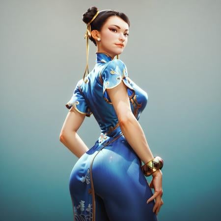 score_9, score_8_up, score_7_up,score_6_up, score_5_up,  1girl, blue qipao, bracelet, double bun, earrings, hair ribbon, blue leggings, looking at the viewer, standing, simple background white background, hands in the back, <lora:ponychunliv3:0.9>