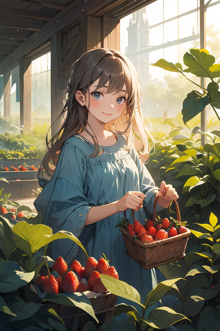 masterpiece,best quality,ultra detailed background BREAK light colors,daylight,focus on girl,depth of field,translucent layers,Blending with Plants,fluid textures,subtle hues,organic forms,poetic atmosphere BREAK Smiling little girl picking strawberries from the vegetable garden,<lora:GoodHands-beta2:1>,