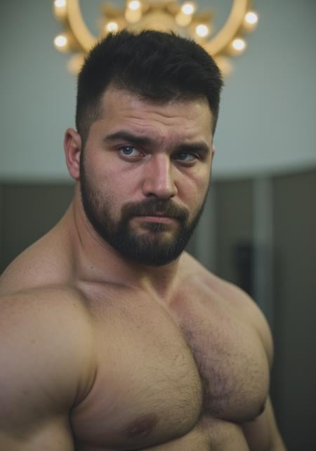 Highly detailed, [Portrait-photojournalism], GS-Masculine, (A 250lbs russianbodybuilder:hairymusclebear), Black hair, fuzzy eye brows, [[blue-eyes, pupils]], round face, [subble]+goatee, Stocky:burly, muscle_bear. skin pores, imperfect skin. Russian military extremist, (KGB Special ops), ussr, staligrad, Ambient light, Bloom, Canon EOS R6, Nokton 70mm f1.1, [Strong shapes composition], Cinestill 800T, Vignette, award winning quality